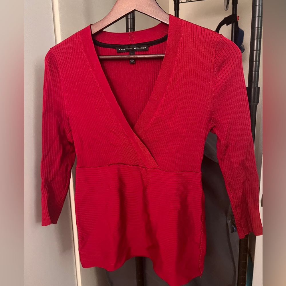 Red faux wrap v-neck sweater from White House Black Market